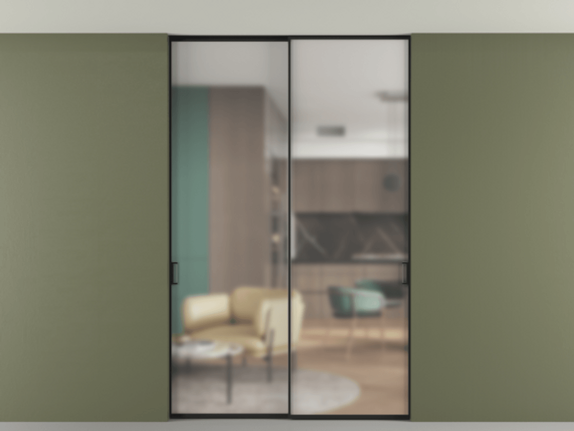 Перегородка Формато внутри проёма скрытое крепление в потолок 2 створки АЛПР 040.01 Алюминий Черный Сатинированное стекло "Мателюкс Кристал Вижн", калёное, матовое, каленое 6 мм Цена 253788 ₽ | Volhovec