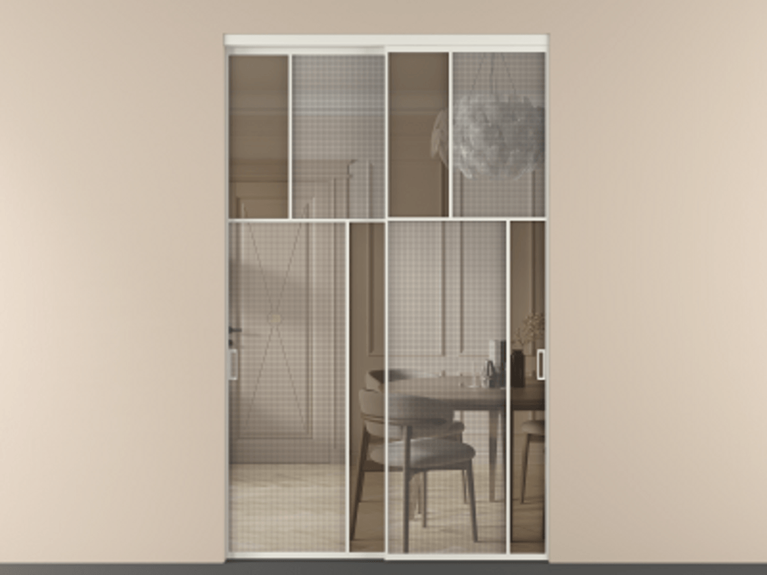Перегородка Mosaic внутри проёма двустворчатая АЛПР 041.23 Алюминий Белый Mesh silver + Бронза прозрачное триплекс Цена 335110 сом | Volhovec